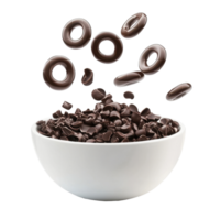 Chocolate rings cascade into a bowl of chocolate chips in a bright isolated setting, Chocolate rings falling into a bowl isolated on white background png