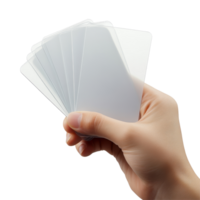 Hand holding several plastic cards in a bright, minimalist setting with a focus on simplicity and utility, Image hand holding yellow plastic card isolated on white background png