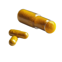 Turmeric and turmeric capsules displayed on a Transparent background with yellow powder, Turmeric and turmeric capsules isolated on background png