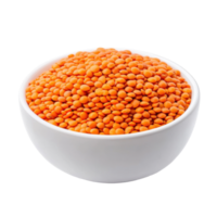 Red lentils in a white bowl on a clean Transparent background showcasing vibrant colors and natural textures, Red lentils in white bowl isolated on background png