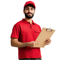 Delivery man holding clipboard while dressed in a red uniform against a light background, Delivery man with clipboard on light background png