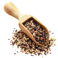 Mixed raw quinoa pile spilling from a wooden scoop on a clean Transparent background, Pile of mixed raw quinoa in wood scoop isolated on background png