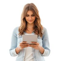 Woman using digital tablet while standing against a Transparent background, Woman with digital tablet isolated on background png