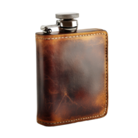 Stylish leather pocket flask ideal for carrying whiskey on various outdoor adventures, Isolated flask pocket flask hip flask bottle whisky alcohol, white background png