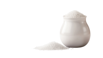 White sugar in a ceramic jar with granules spilled on a transparent background, emphasizing the texture and purity of the sugar. png