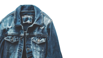 Classic blue denim jacket with distressed details displayed on a plain background. png