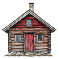 Charming rustic wooden log cabin design with red accents and a Transparent background, Red and Rustic Wooden Log Cabin Design, background png