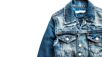 Denim jacket with distressed details displayed on a transparent background for fashion showcasing or design purposes. png