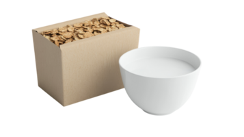 A bowl of milk next to a box of cereal ready for breakfast on a clear background made for easy viewing. png