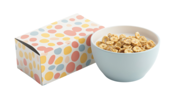 A colorful breakfast setup featuring a bowl of cereal alongside a decorated box on a light background. png