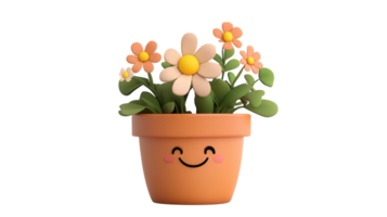 A cheerful flower pot with smiling face and vibrant flowers sits on a neutral background, showcasing a joyful and welcoming atmosphere. png