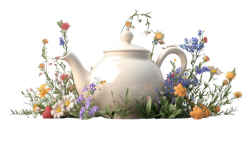 A white ceramic teapot surrounded by a vibrant array of wildflowers in a sunny garden setting during springtime. png