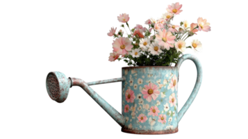 A vintage watering can filled with colorful flowers stands on a transparent background, adding charm to any decor or gardening project. png