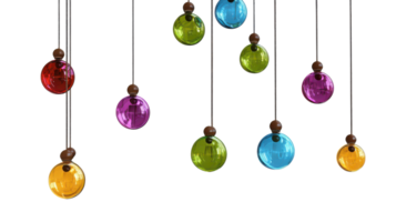 Colorful hanging glass ornaments in various shades, creating a vibrant display of light and reflection against a transparent background. png