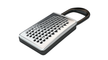 A silver and black padlock designed to resemble a cheese grater, showcasing unique features and a creative structure against a transparent background. png