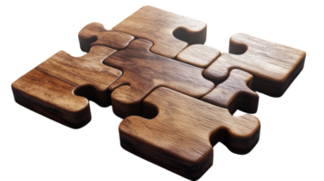 Wooden puzzle pieces assembled together creating an intricate pattern on a transparent background. png