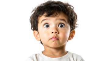 uma pequeno criança com Largo olhos mostrando curiosidade enquanto em pé contra uma em branco fundo dentro uma bem iluminado contexto. png
