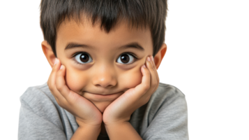 A young child with a playful expression resting their chin on their hands and smiling cheerfully, captured in a bright atmosphere at home. png