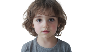 A young child with curly hair and a gray shirt standing against a plain background, looking directly at the viewer with a thoughtful expression. png