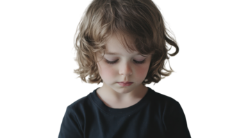 A thoughtful child with curly hair looking down while wearing a black shirt, captured in a studio setting with a neutral background. png