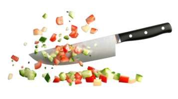 Chopping vegetables with a sharp knife creating a vibrant mixture in a kitchen setting. png