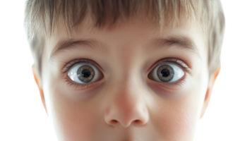 A child with wide-open eyes expressing surprise, showcasing curiosity and innocence in a close-up setting. png