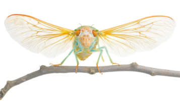 Close-up view of a vibrant cicada resting on a branch in a natural setting with intricate wing patterns and bright colors. png