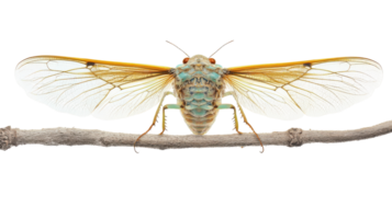 A vibrant cicada perched on a branch showcasing its translucent wings and unique coloration in a natural setting. png
