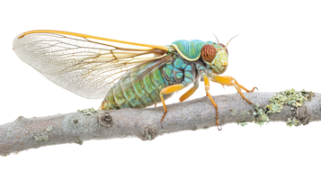 A vibrant cicada perched on a branch surrounded by moss in a natural setting during daylight hours. png
