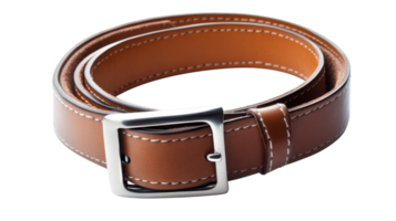 Stylish brown leather belt with silver buckle displayed against a transparent background, highlighting its craftsmanship and design details. png