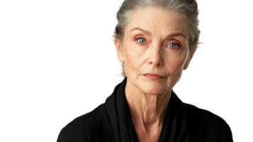 A Thoughtful Senior Woman with a Stern Expression Capturing the Essence of Wisdom and Experience, Ideal for Themes of Aging, Reflection, and Character in Visual Projects. png