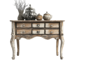 A small table with drawers and vases on it png