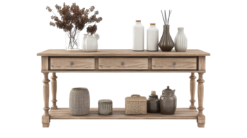 A console table with vases and candles on it png