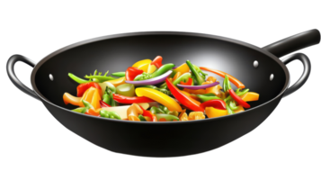 A wok with vegetables and peppers in it png