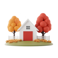A charming white house with a red door, surrounded by autumn trees and a wooden fence. png