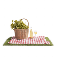 A delightful picnic scene featuring grapes, wine, and a cheerful checkered blanket. png