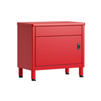 A vibrant red bedside table with a sleek design and spacious drawer. png