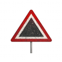 A vintage traffic warning sign with a triangular shape and weathered appearance. png