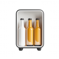 Four stylish bottles in a modern fridge, perfect for refreshment and taste. png