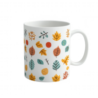 Colorful mug featuring autumn leaves and fruits design, perfect for cozy beverages. png