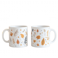 Stylish ceramic mugs adorned with autumn leaf patterns for cozy beverage enjoyment. png