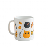 Whimsical mug design featuring cute owls and autumn leaves in vibrant colors. png