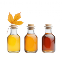 Three colorful glass bottles containing different types of syrup with a leaf. png