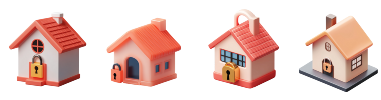 Four small houses each secured with a padlock png