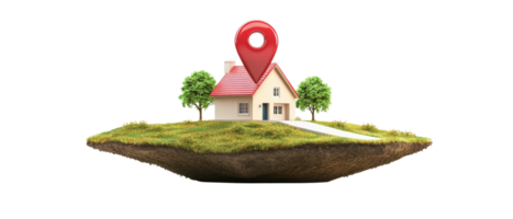 A Red Location Pin Marks a House on a Floating Island png