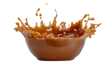 Caramel liquid splashing in a small bowl png