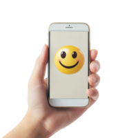 A hand holds a smartphone displaying a smiling emoticon. isolated png