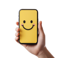 A hand holds a smartphone displaying a smiling emoticon. cut out png