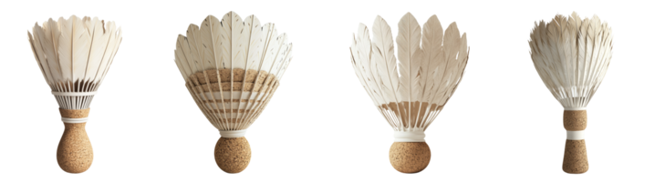 Four Shuttlecocks Showcasing Feather and Cork Construction png