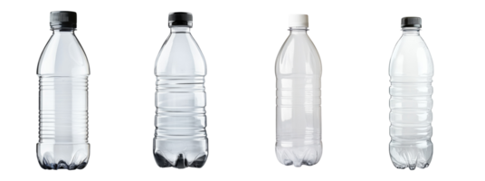 Four empty plastic water bottles stand in a row png